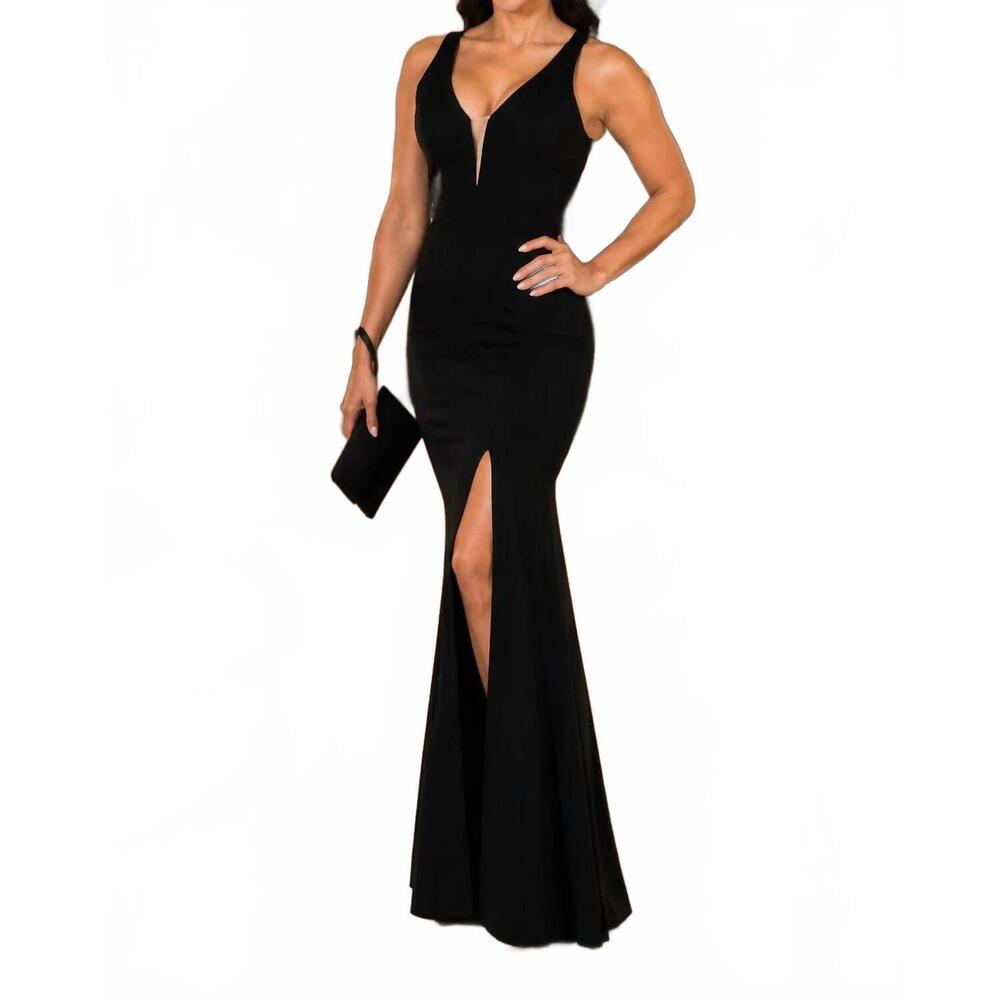NEW POLY USA fitted long deep v-neck dress in black